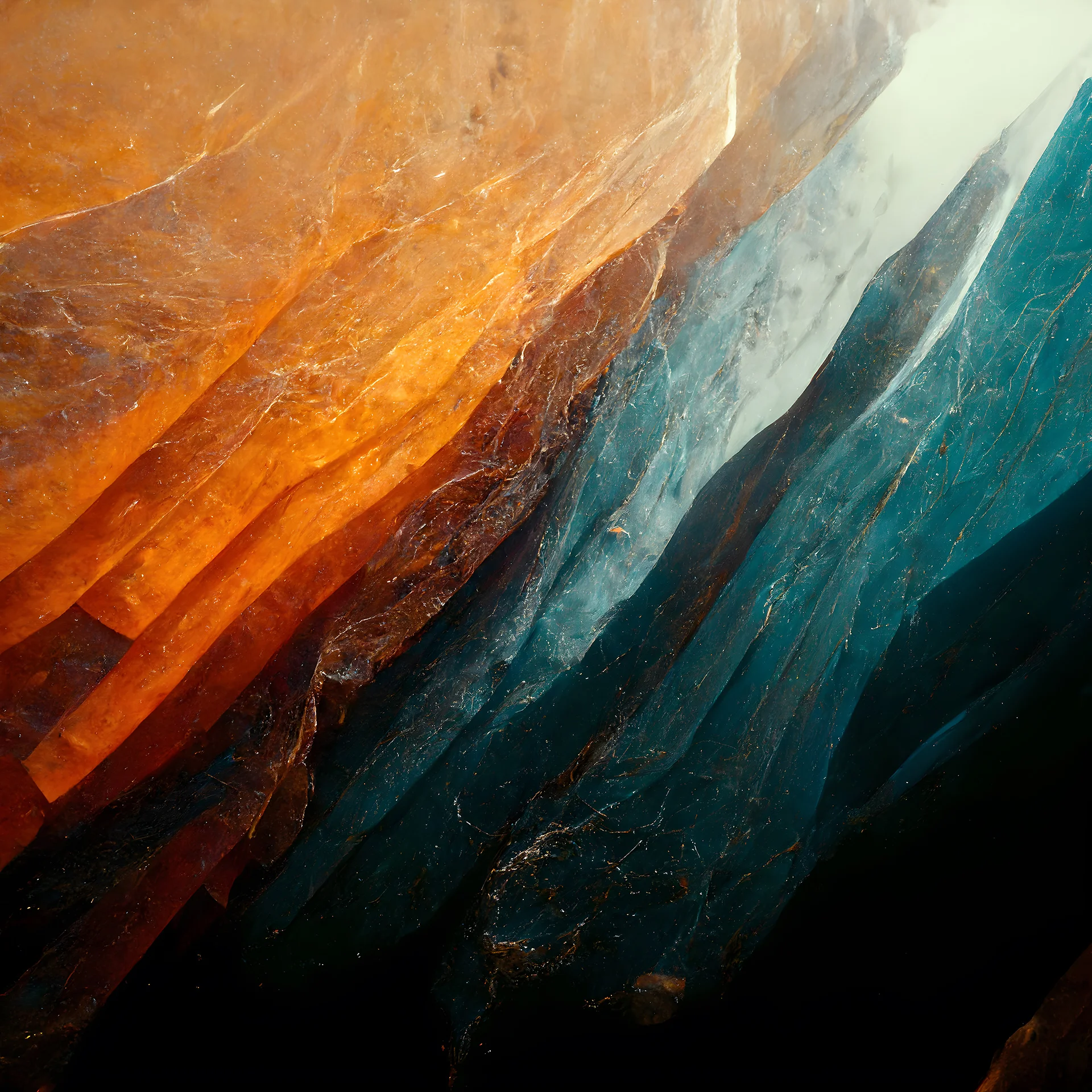 Abstract art with layered orange and blue textures, resembling translucent rock formations.