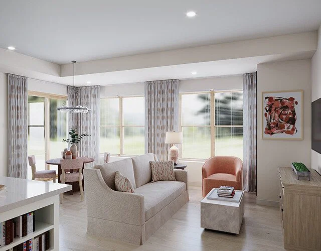 spacious and fully furnished, open-concept living room and dining area of senior apartment at Oak Trace Senior Living Community