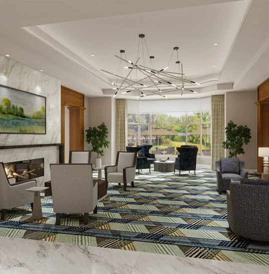 Modern lounge with seating, chandelier, fireplace, and large windows offering garden views.