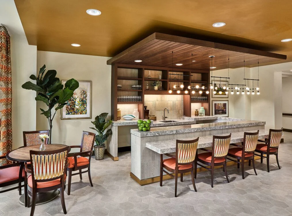 Refreshment station and lounge at Oak Trace Senior Living Community