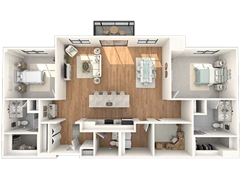3D floor plan with two bedrooms, living area, kitchen, and bathrooms.