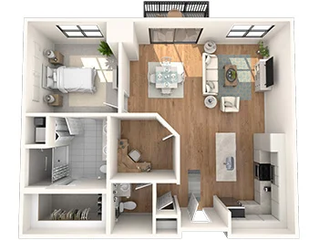 One-bedroom apartment floor plan with a living area, kitchen, bathroom, and balcony.