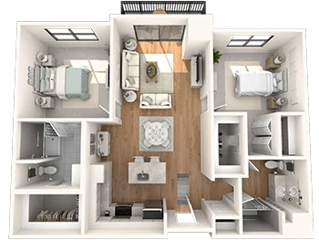 Two-bedroom apartment floor plan with living room, kitchen, and two bathrooms.