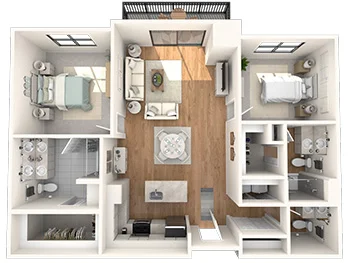 Two-bedroom apartment floor plan with living room, kitchen, and two bathrooms.