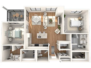 3D floor plan of a two-bedroom apartment with furniture layout and balcony.