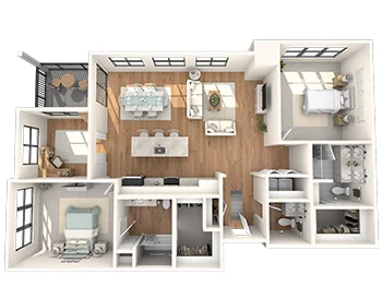 3D floor plan of an apartment with two bedrooms, two bathrooms, and an open living area.