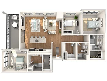 Three-bedroom apartment floor plan with modern layout, including two bathrooms and a balcony.