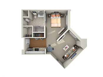 1-bedroom apartment floor plan with living area, kitchen, bathroom, and bedroom.