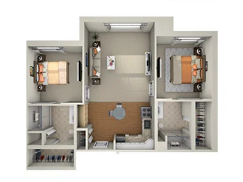2-bedroom apartment floor plan with kitchen, living area, and bathrooms.