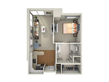 One-bedroom apartment floor plan with kitchen, living area, and bathroom.