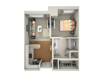 One-bedroom apartment floor plan with kitchen, living area, bathroom, and closet.