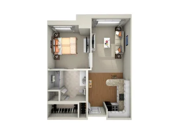 One-bedroom apartment floor plan with kitchen, living area, and bathroom.
