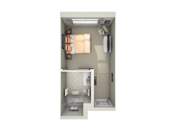 Studio apartment floor plan with a bed, bathroom, and seating area.
