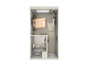 Floor plan of a bedroom with attached bathroom and furniture arrangement.