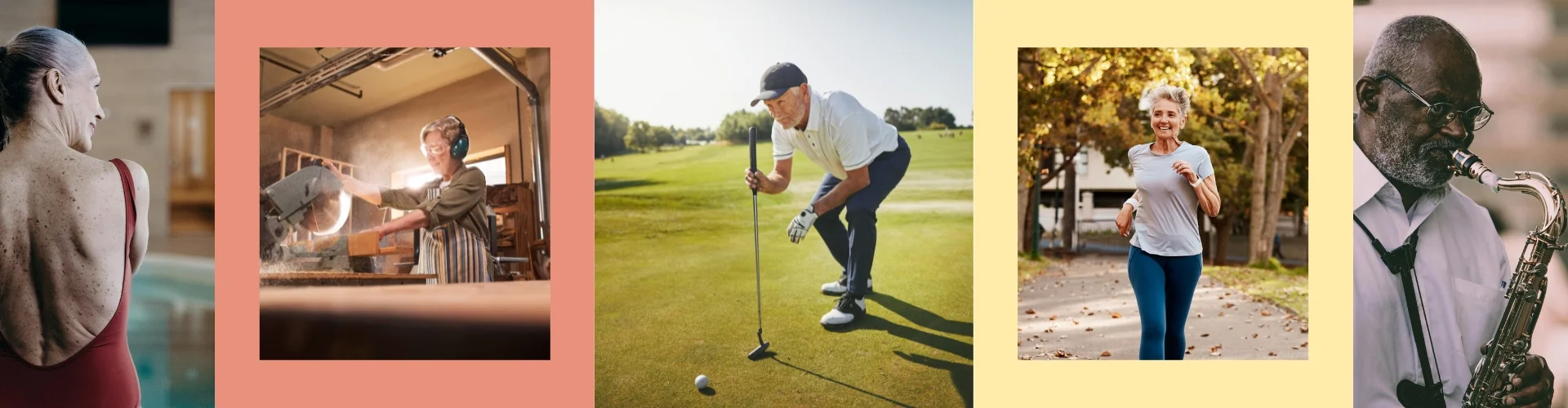 Banner Image OT (1) Elderly individuals engaging in various activities: swimming, woodworking, golfing, jogging, and pla