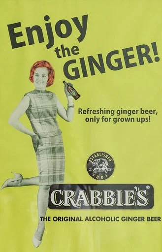 Vintage Crabbie's ginger beer ad with woman holding a bottle, green background.