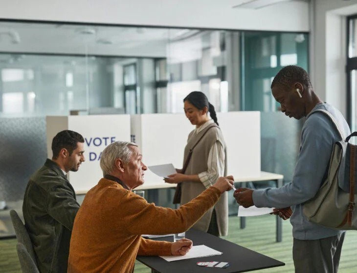 People voting at a polling station with two officials sitting at a table.