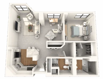 3D floor plan of a one-bedroom apartment with kitchen, living room, and bathroom.