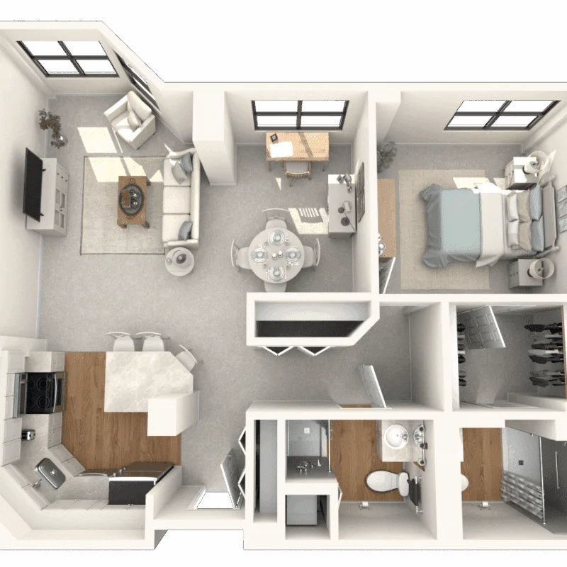 3D floor plan of a one-bedroom apartment with kitchen, living room, and bathroom.