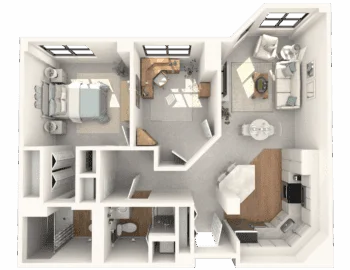 Two-bedroom apartment floor plan with living, dining, office, kitchen, and bathroom areas.