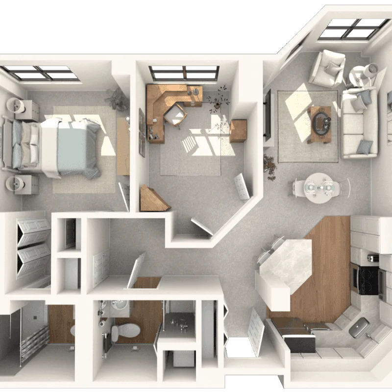Two-bedroom apartment floor plan with living, dining, office, kitchen, and bathroom areas.