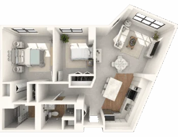 3D floor plan with two bedrooms, a living area, kitchen, dining space, and bathroom.