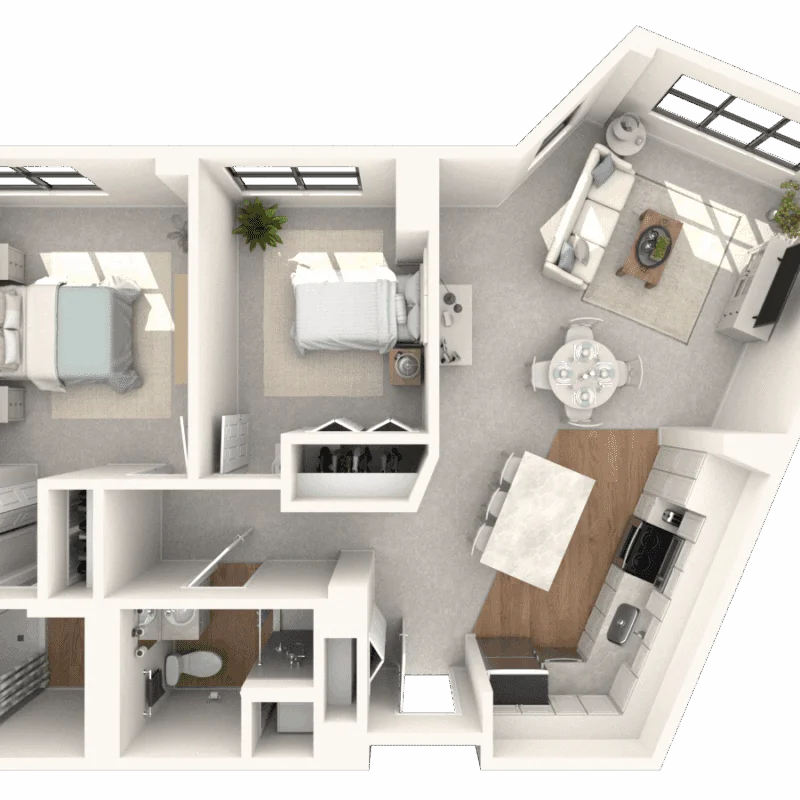 3D floor plan with two bedrooms, a living area, kitchen, dining space, and bathroom.