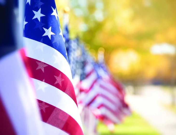 Closeup of an American flag in a row