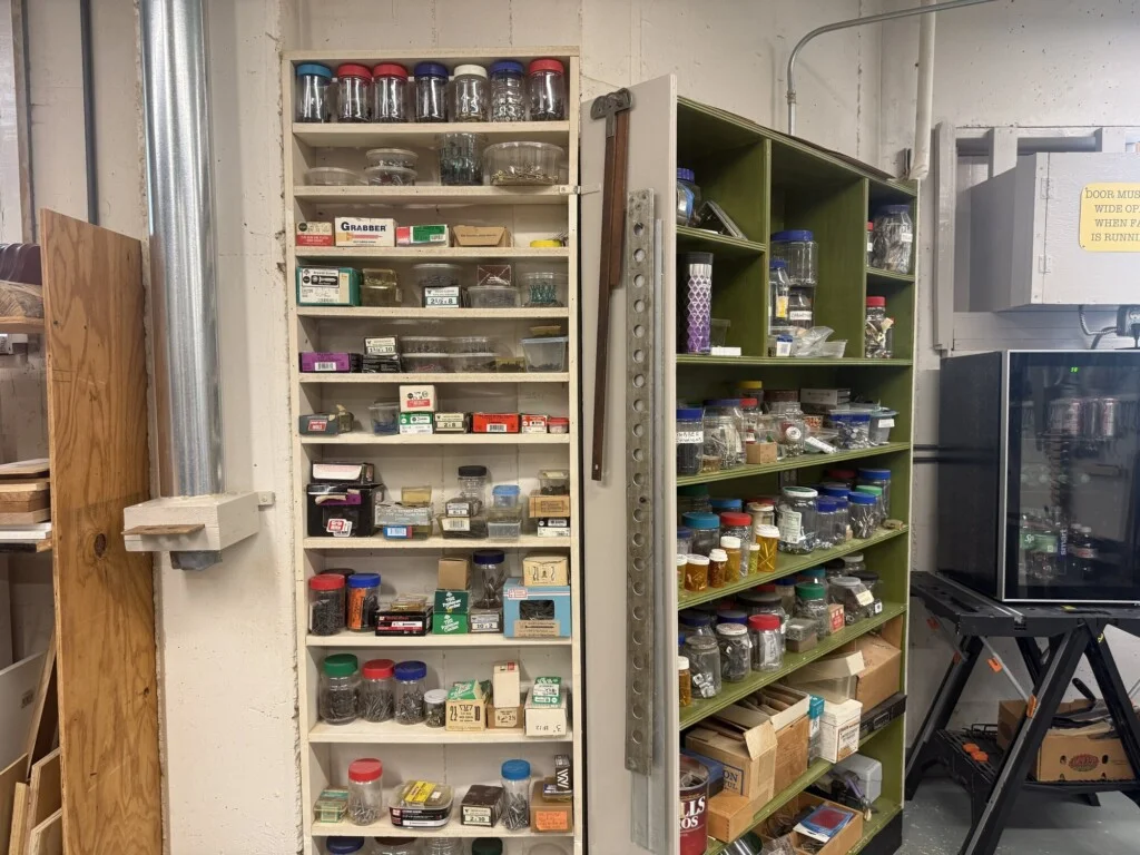 Organized parts and supplies in the Oak Trace woodshop in Downers Grove, IL