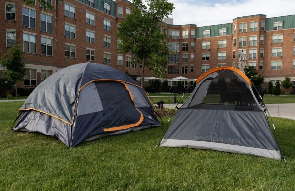 Tents set up on the Oak Trace campus for an overnight camping experience