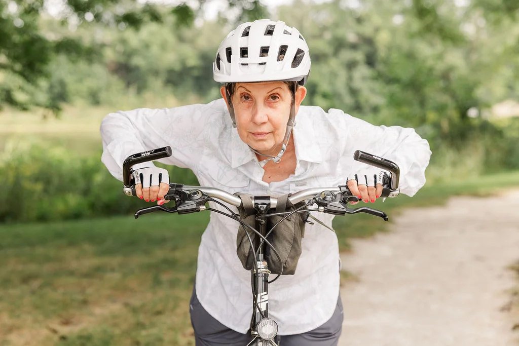 Chris Laperuto on her bike at Oak Trace in Downers Grove, Illinois