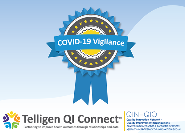 Blue badge depicting COVID-19 Vigilance Award for Oak Trace Senior Living Community