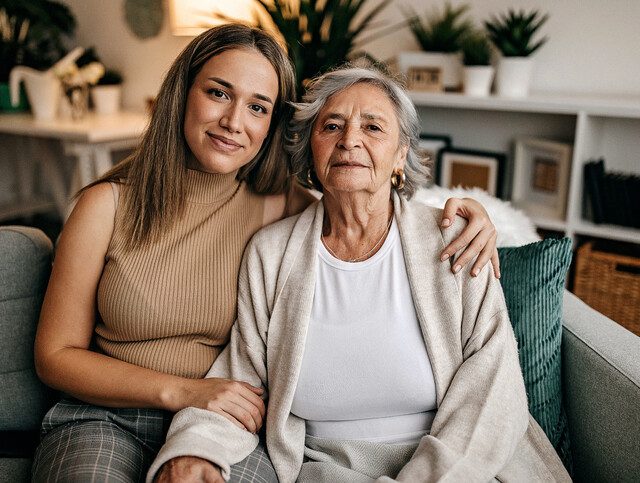 Adult woman sitting next to senior loved one