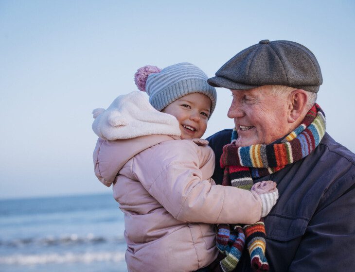 Grandfather and granddaughter bundled up in winter clothing, smiling