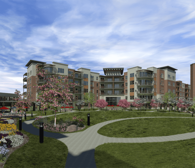 digital rendering of new Oak Trace Senior Living expansion, including courtyard