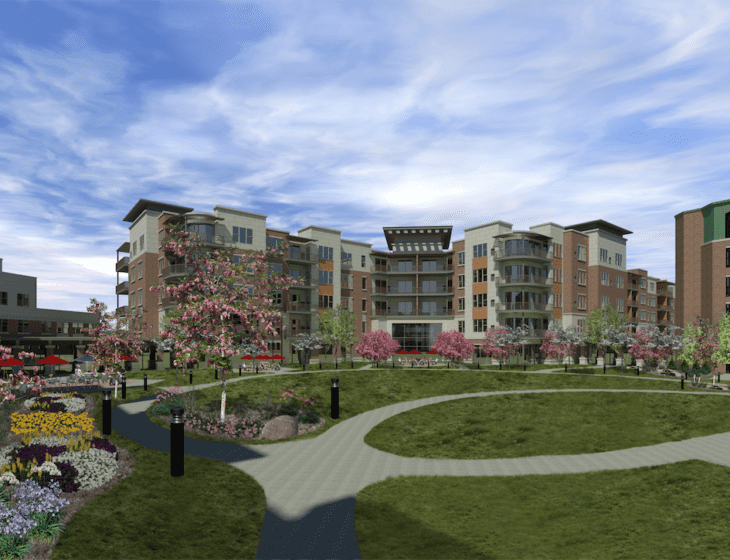 digital rendering of new Oak Trace Senior Living expansion, including courtyard