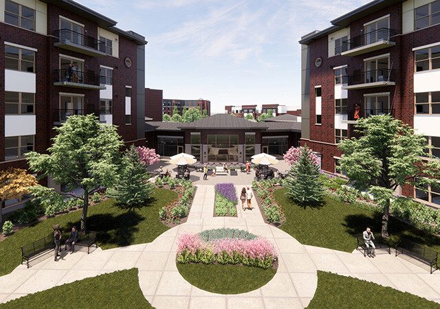 Rendering of Oak Trace Senior Living Community featuring new courtyard space