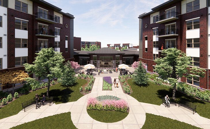 Rendering of Oak Trace Senior Living Community featuring new courtyard space