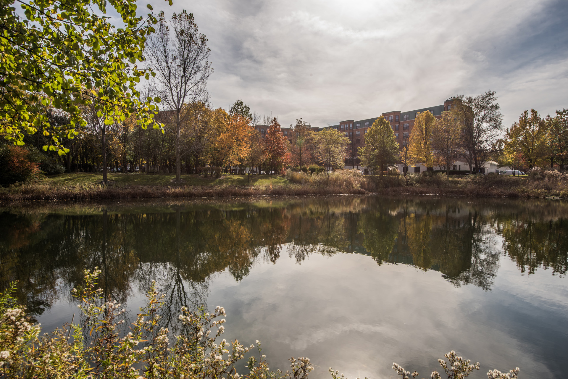 Scenic body of water backdropped by autumnal trees at Oak Trace Senior Living Community