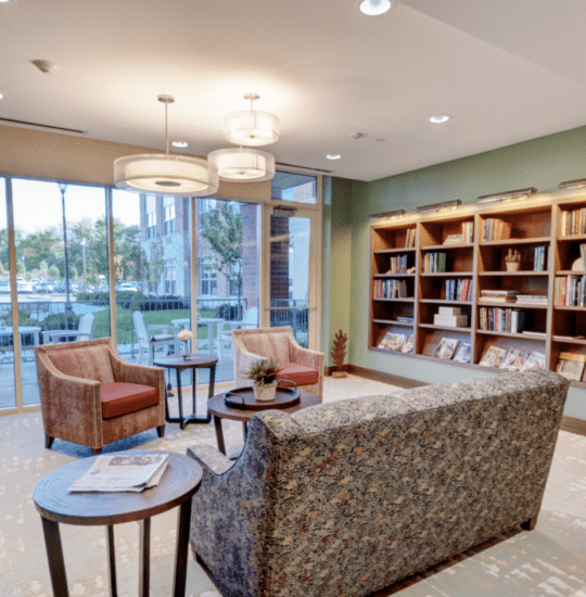 sophisticated lounge room at Oak Trace Senior Living Community